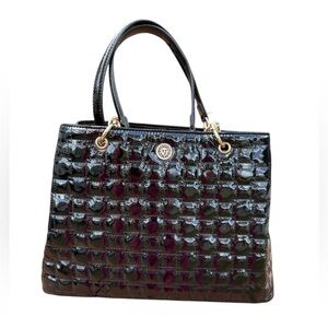 Anne Klein Black Quilted Patent Tote Bag Gold Lion Logo Chain Strap Shoulder Bag